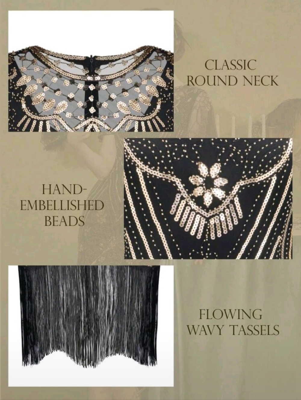 Black & Gold Beaded Fringe Flapper Dress - Picture 3 of 4